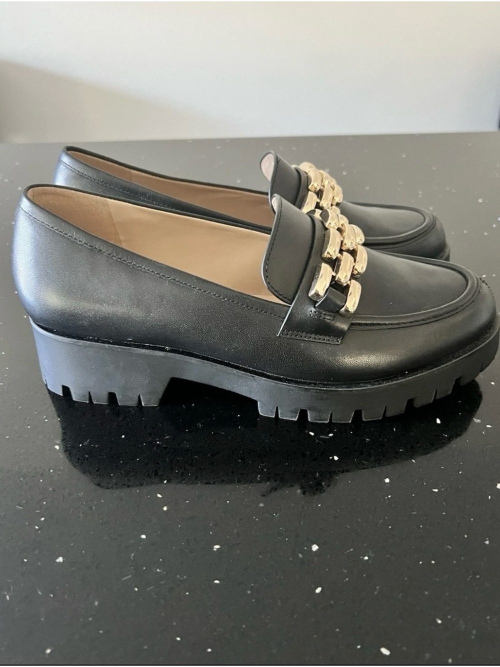 ANTONIO MELANI Black Platform Loafers with Gold Chain